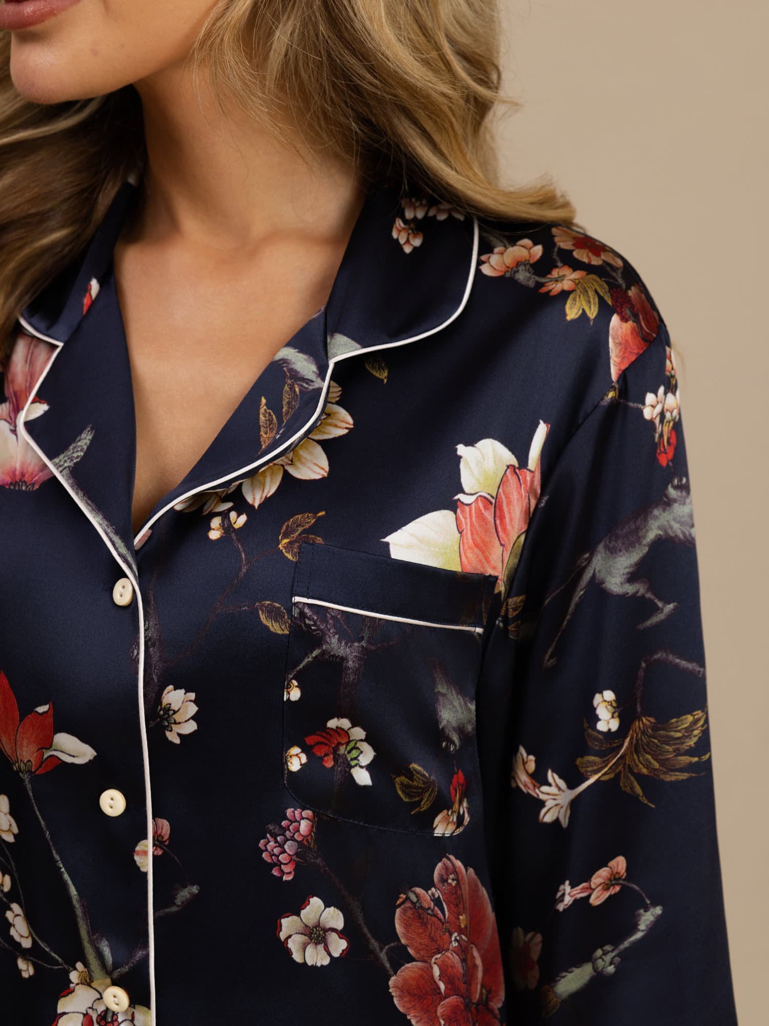 [Navy Floral] SilkSilky-AU Long Sleeve Notch Collar Women's Pyjamas 006