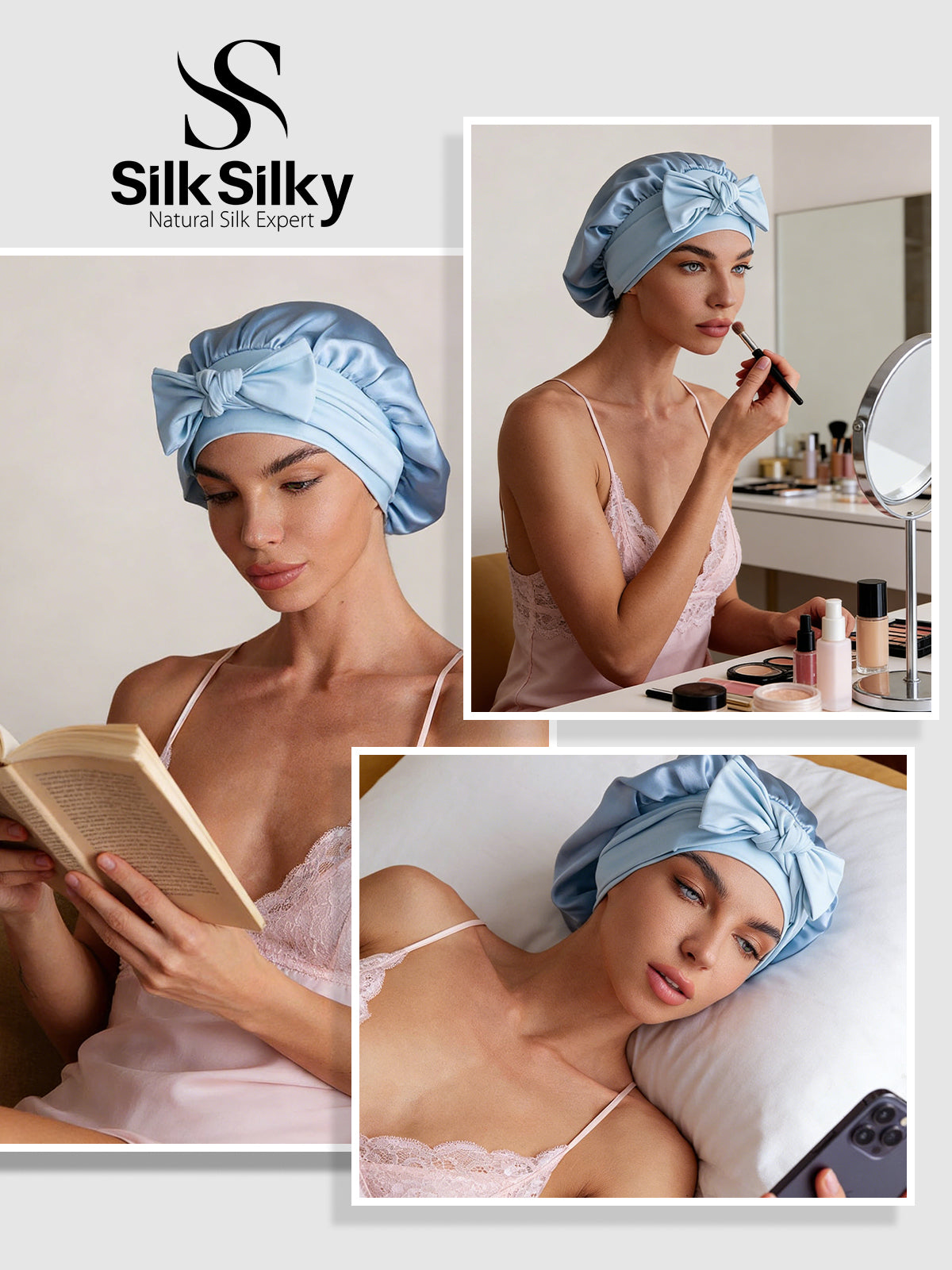 [Sky Blue] SilkSilky-AU Pure Silk Sleep Cap 005