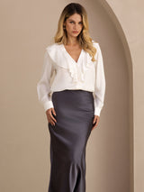[White] SilkSilky-AU Long Sleeve Deep V Neck Women's Blouse 003