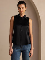 [Black] SilkSilky-AU Sleeveless Lapel Collar Women's Shirt 003