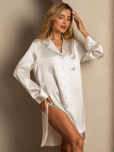 [Beige] SilkSilky-AU Long Sleeve Lapel Collar Nightshirt 005