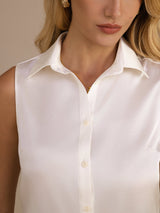 [White] SilkSilky-AU Sleeveless Lapel Collar Women's Shirt 004