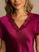 [Wine] SilkSilky-AU Short Sleeve V Neck Nightgown 004