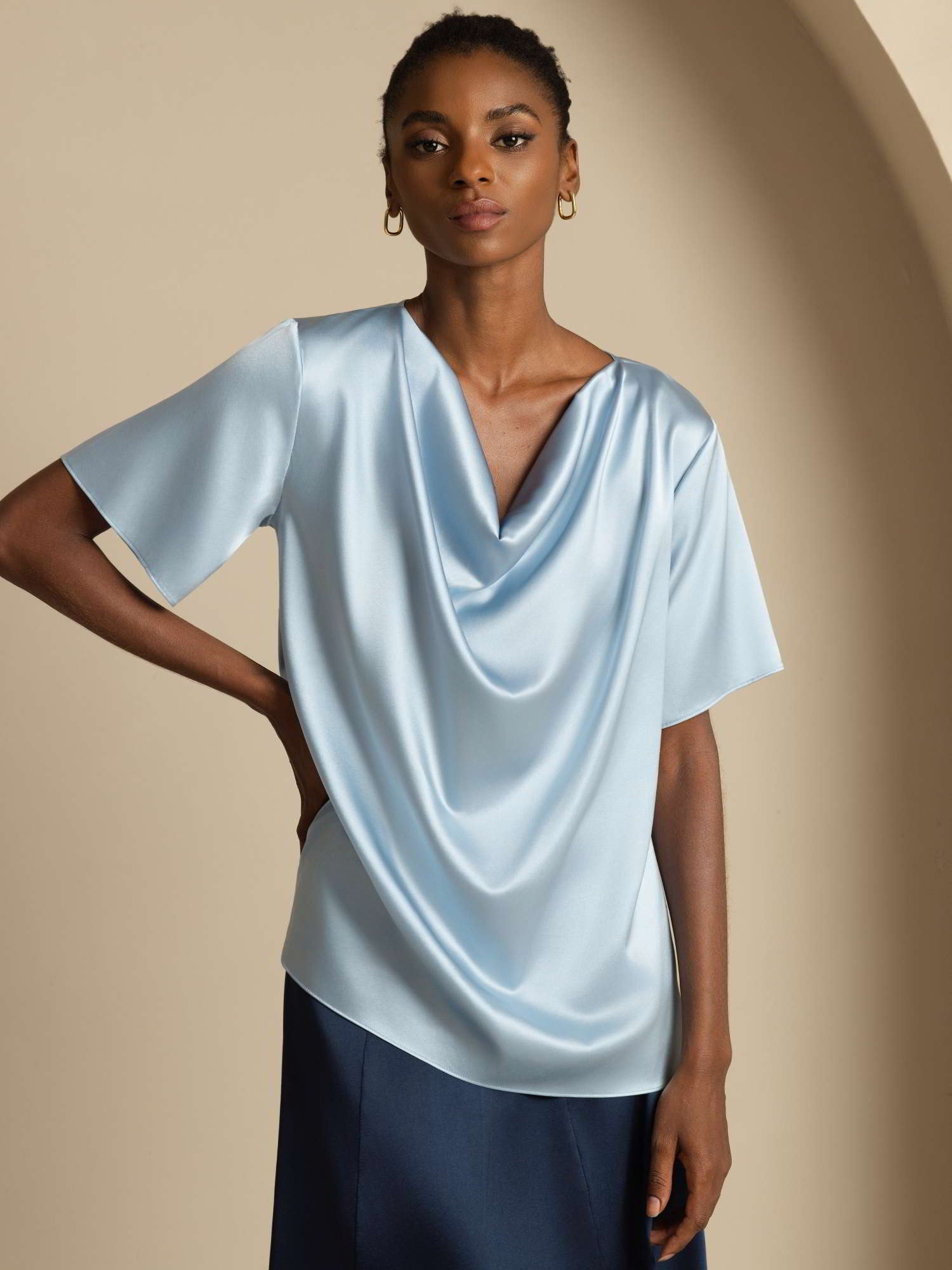 [Grayish Blue] SilkSilky-AU 19Momme Silk Short Sleeve Cowl Neck Blouse 001
