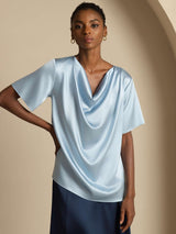[Grayish Blue] SilkSilky-AU Short Sleeve Cowl Neck Women's Blouse 001