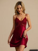 [Wine] SilkSilky-AU Sleeveless Deep V Neck Nightgown 003