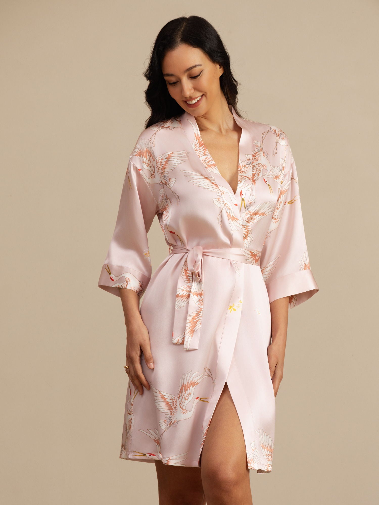 [Pink] SilkSilky-AU 19Momme 3/4 Sleeve Women's Dressing Gown 001