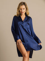 [Dark Blue] SilkSilky-AU Long Sleeve Lapel Collar Nightshirt 003