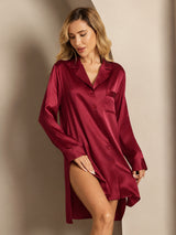 [Wine] SilkSilky-AU Long Sleeve Lapel Collar Nightshirt 001