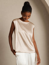 [Beige] SilkSilky-AU Cap Sleeve Round Neck Women's T-Shirt 006