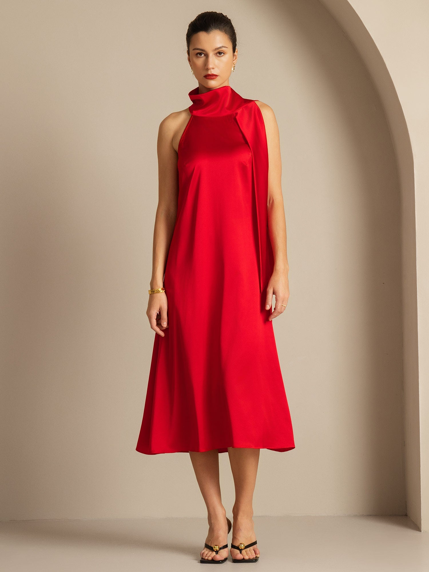 [Red] SilkSilky-AU 19Momme Silk Tie Neck Dress 003,