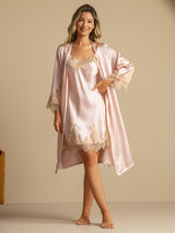 [Pink] SilkSilky-AU 3/4 Sleeve V Neck Nightgown&Dressing Gown Set 003