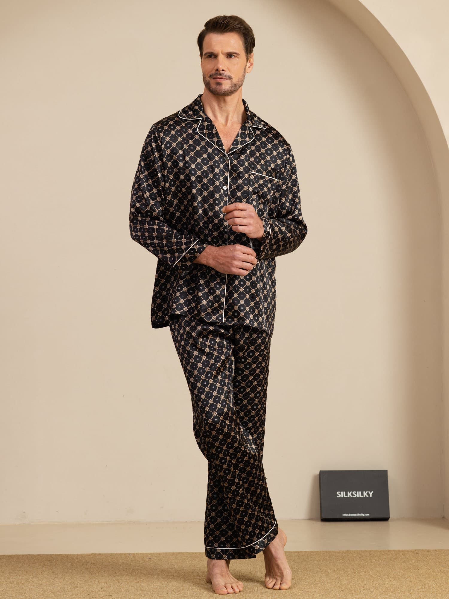 [Black Chain] SilkSilky-AU 19Momme Long Sleeve Notch Collar Men's Pyjamas 004