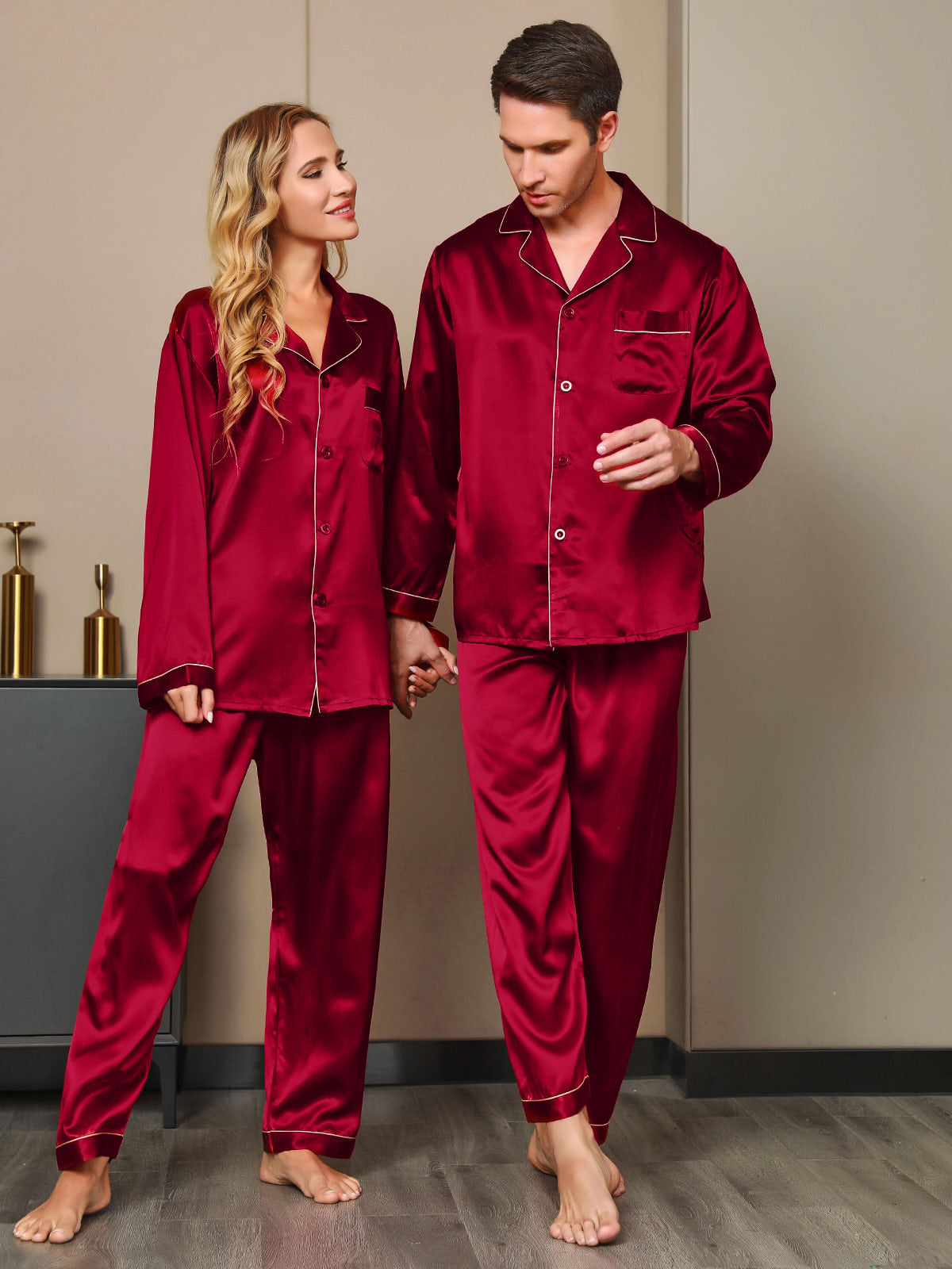 Couple Pure Silk Pajama Sets Total 4Pcs