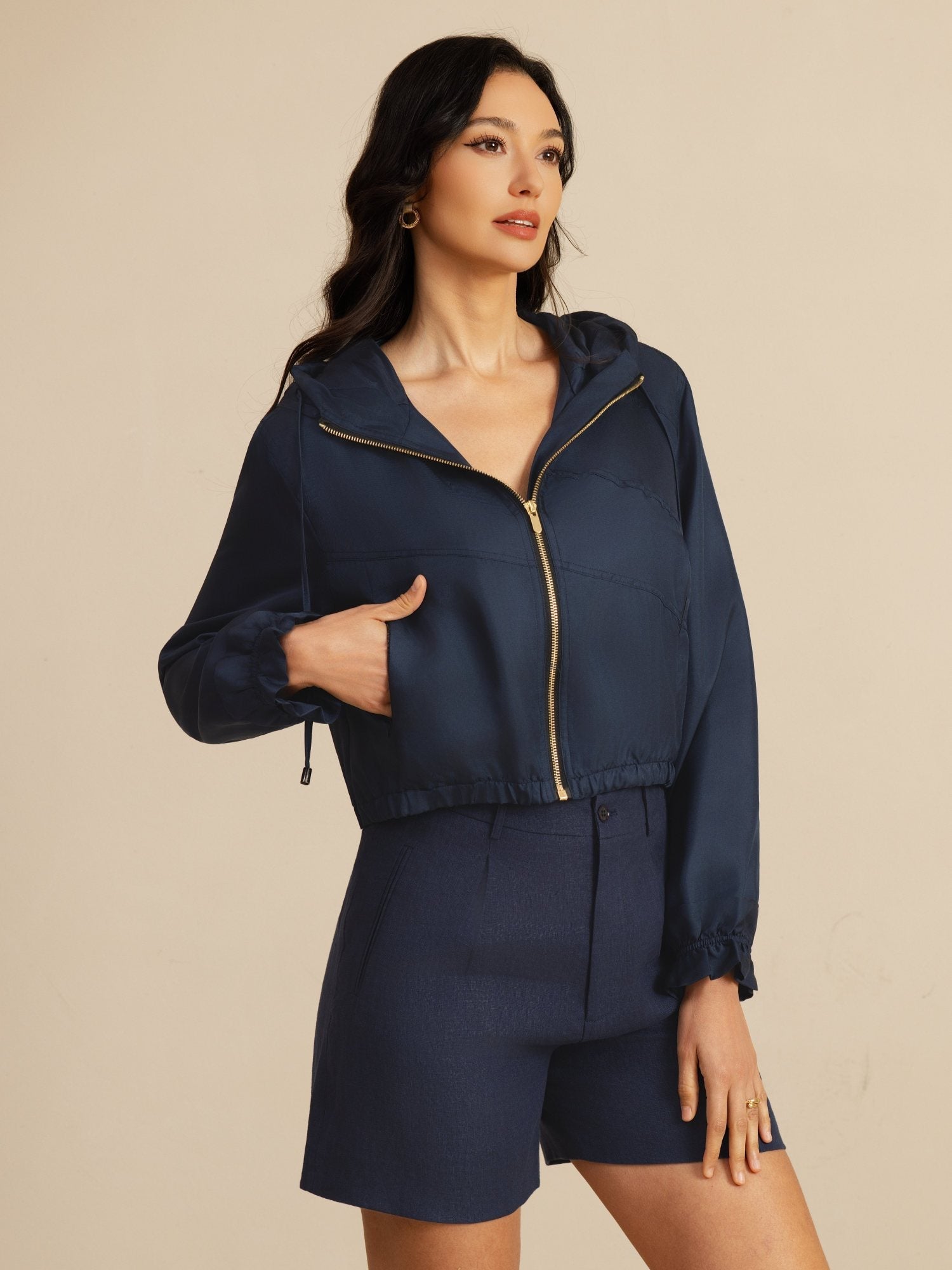 [DarkBlue] SilkSilky-AU 18Momme Silk Satin Surah Long Sleeve High Neck Women's Outerwear 003