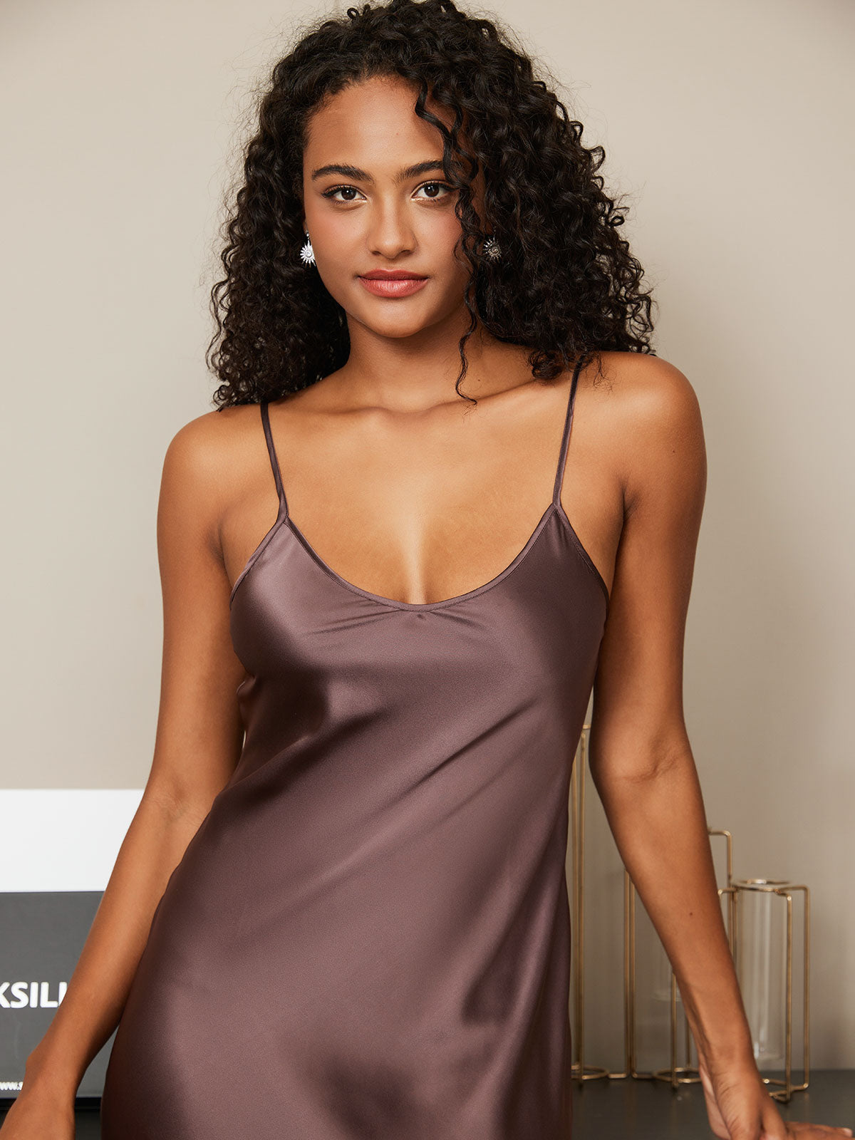[Coffee] SilkSilky-AU Spaghetti Strap V Neck Nightgown 003