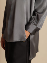[Dark Gray] SilkSilky-AU 19Momme Stretch Silk Charmeuse Long Sleeve Stand Collar Blouse 008