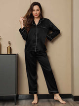 [Black] SilkSilky-AU Long Sleeve Lapel Collar Women's Pyjamas 003