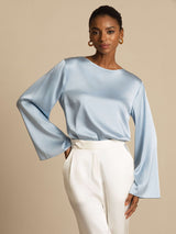 [Grayish Blue] SilkSilky-AU Long Sleeve Boat Neck Blouse 003