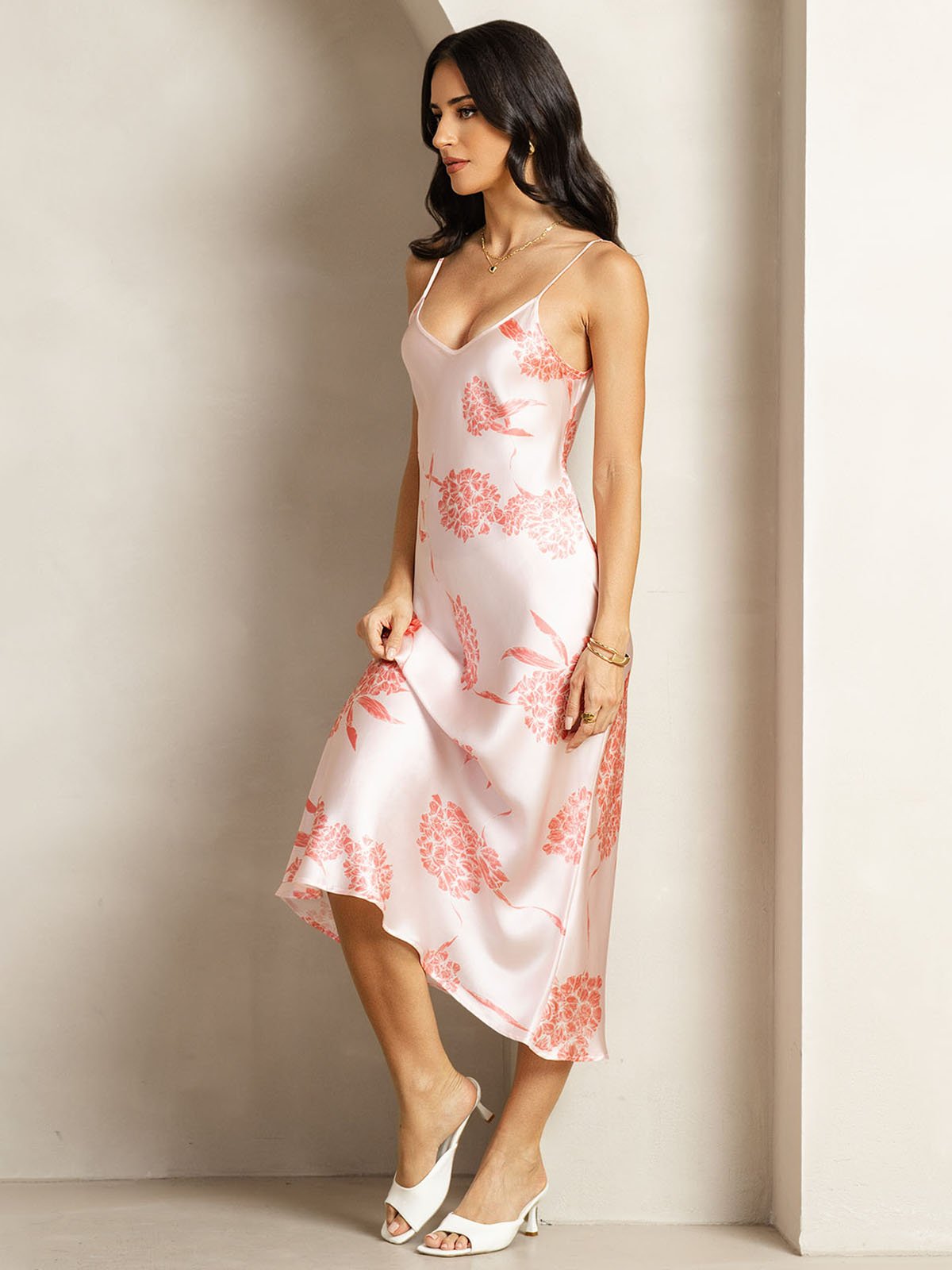 [Coral Floral] SilkSilky-AU 19Momme Silk V Neck Dress 004