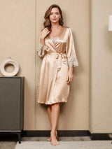 [Champagne] SilkSilky-AU 3/4 Sleeve V Neck Nightgown&Dressing Gown Set 008