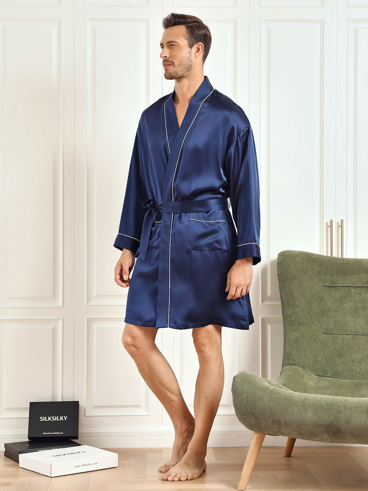 SilkSilky AU Pure Silk 3/4 Sleeve Mens Robe DarkBlue 003