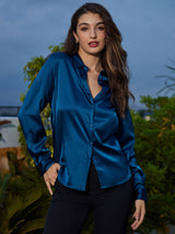[Teal] SilkSilky-AU Long Sleeve Lapel Collar Women's Shirt 001