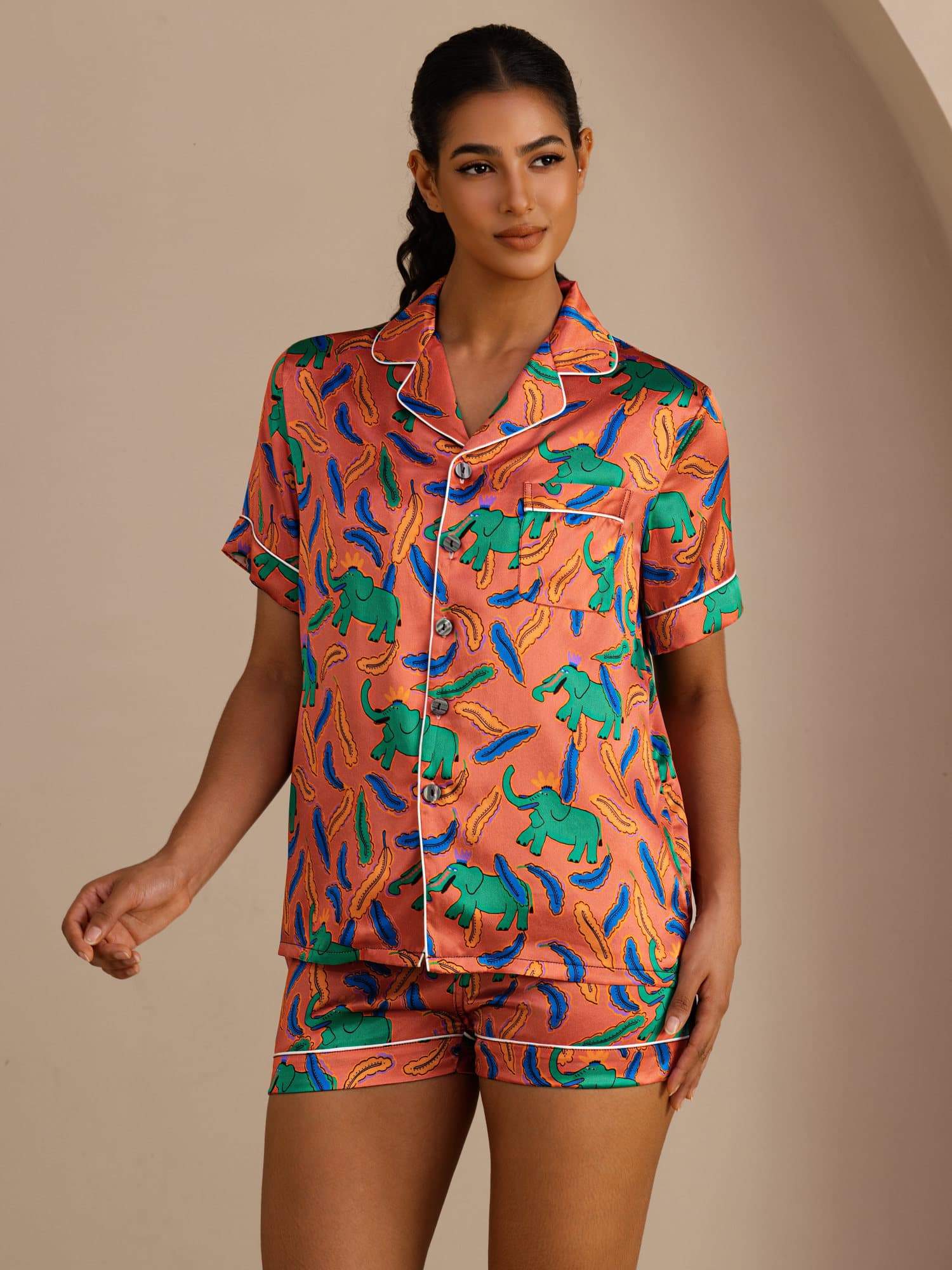 [Clay Elephant] SilkSilky-AU Short Sleeve Lapel Collar Women's Pyjamas 001