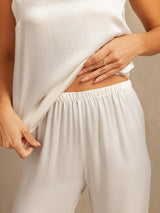 [White] SilkSilky-AU 19Momme Machine-Washable Silk Spaghetti Strap Scoop Neck Camisole Set 005