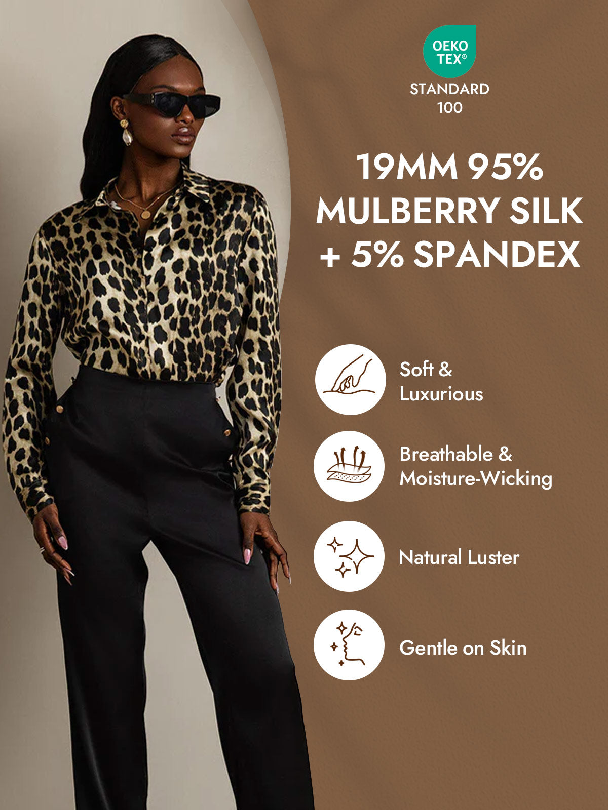 [Leopard] SilkSilky-AU Silk Long Sleeve Lapel Collar Women's Shirt 004