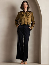 [Brown] SilkSilky-AU 19Momme Stretch Silk Charmeuse Long Sleeve Tie Neck Blouse 003