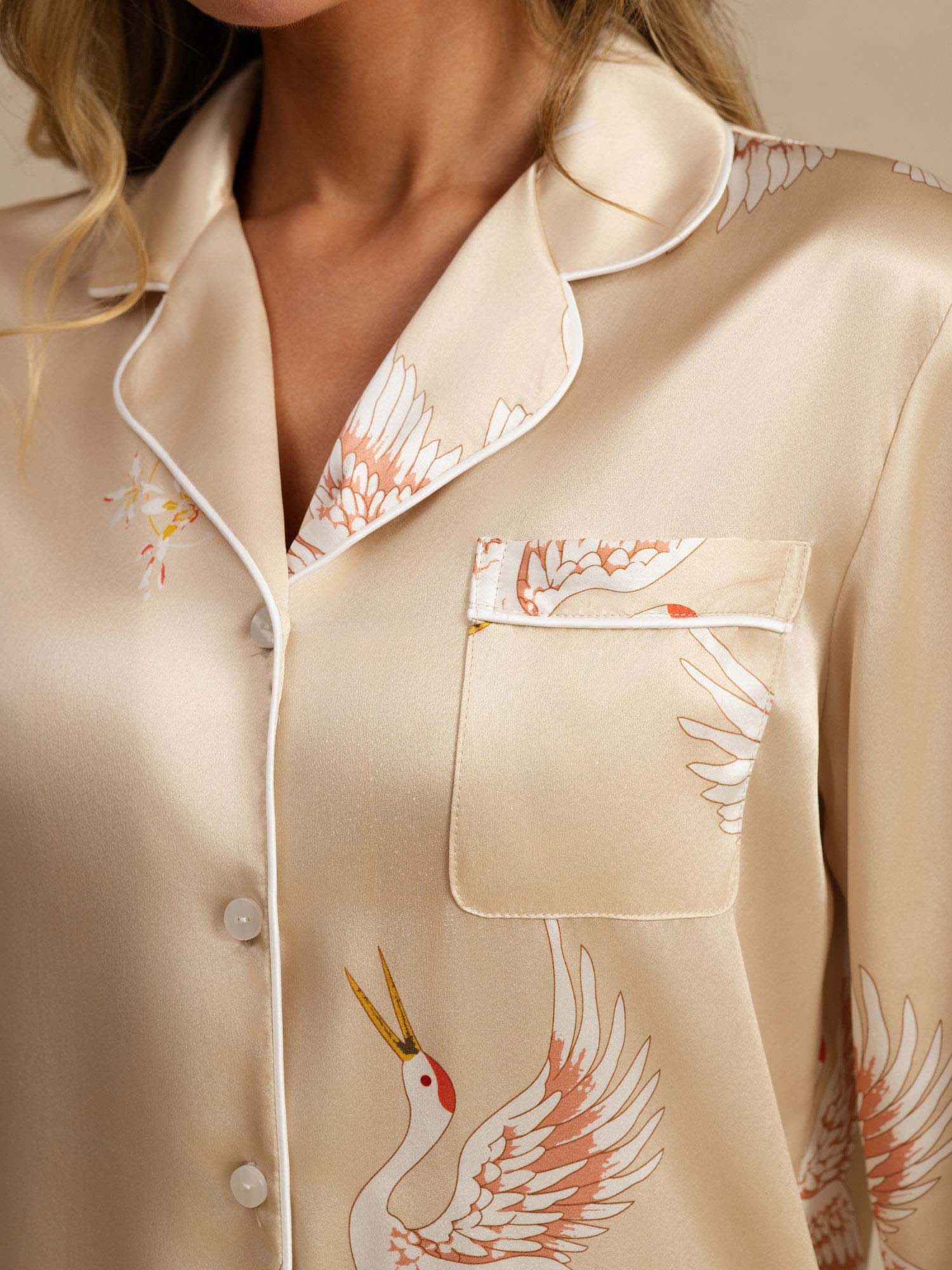 [Champagne] SilkSilky-AU 19Momme Long Sleeve Notch Collar Women's Pyjamas 004