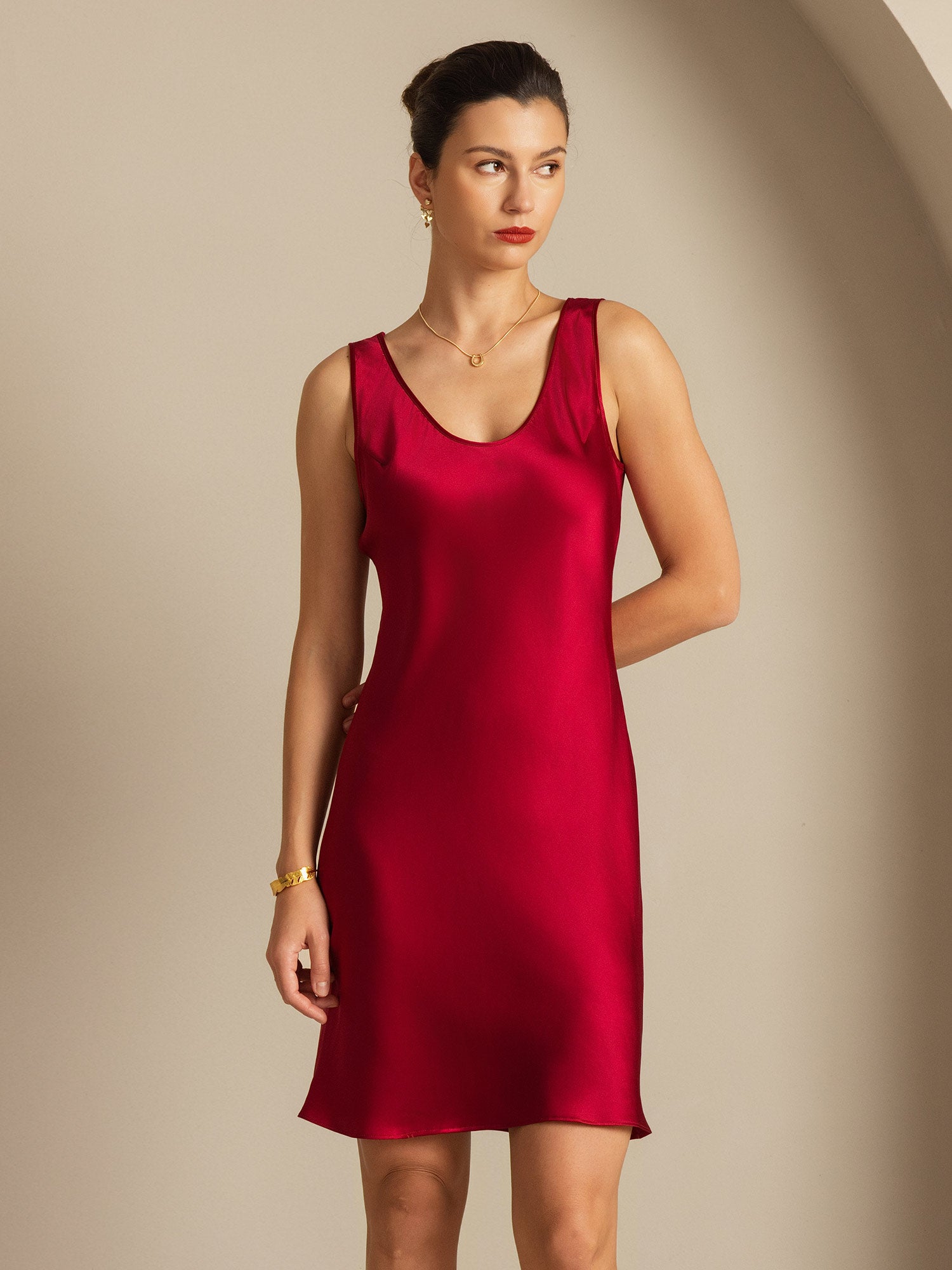 [Wine] SilkSilky-AU Pure Silk Round Neck Dress 007,