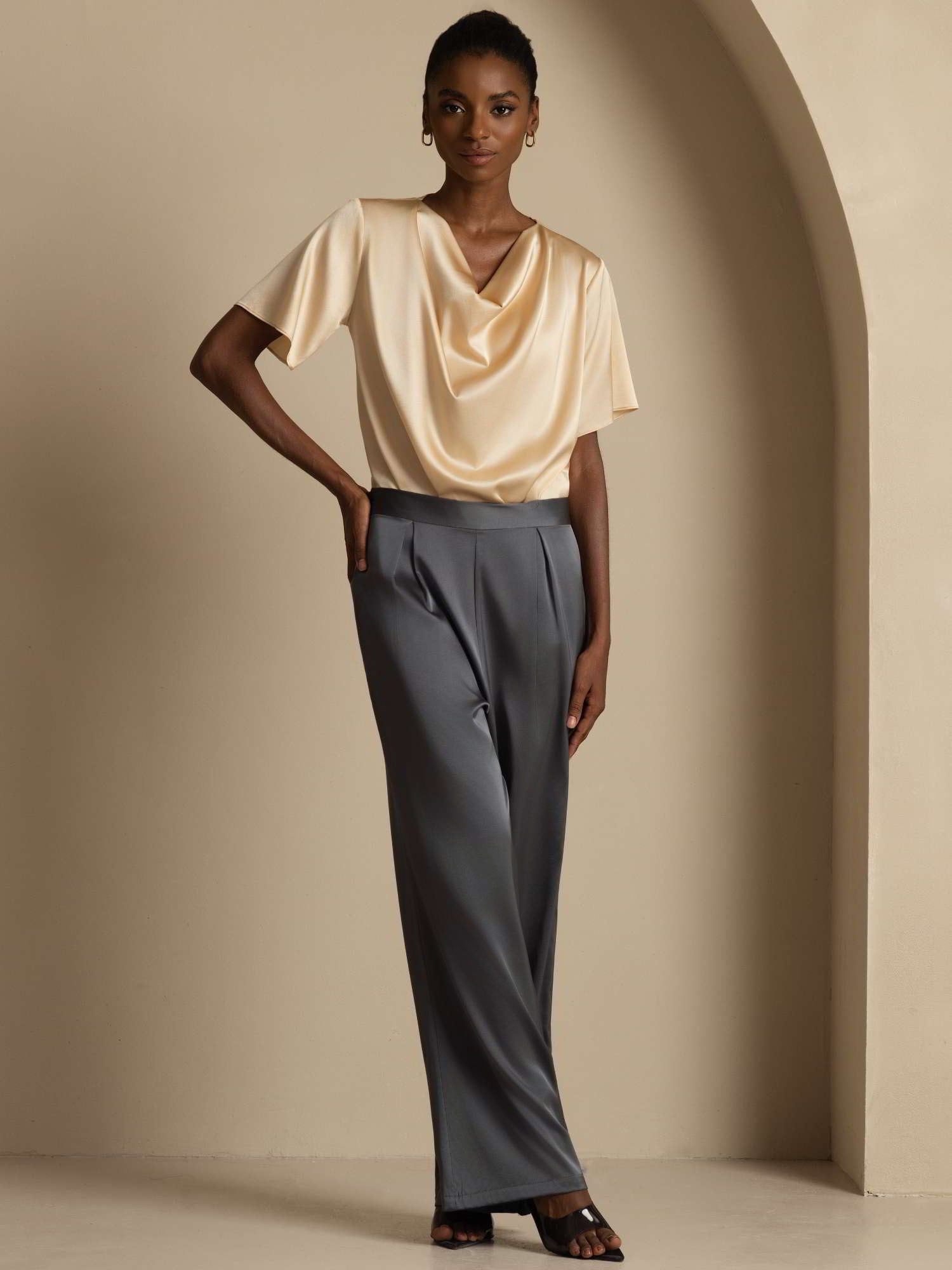 [Champagne] SilkSilky-AU 19Momme Silk Short Sleeve Cowl Neck Blouse 008