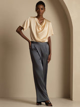 [Champagne] SilkSilky-AU Short Sleeve Cowl Neck Women's Blouse 008