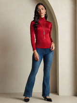 [Wine] SilkSilky-AU Silk Jersey Long Sleeve Turtle Neck Women's T-Shirt 008