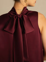 [Dark Red] SilkSilky-AU 19Momme Stretch Silk Charmeuse Sleeveless High Neck Blouse 004