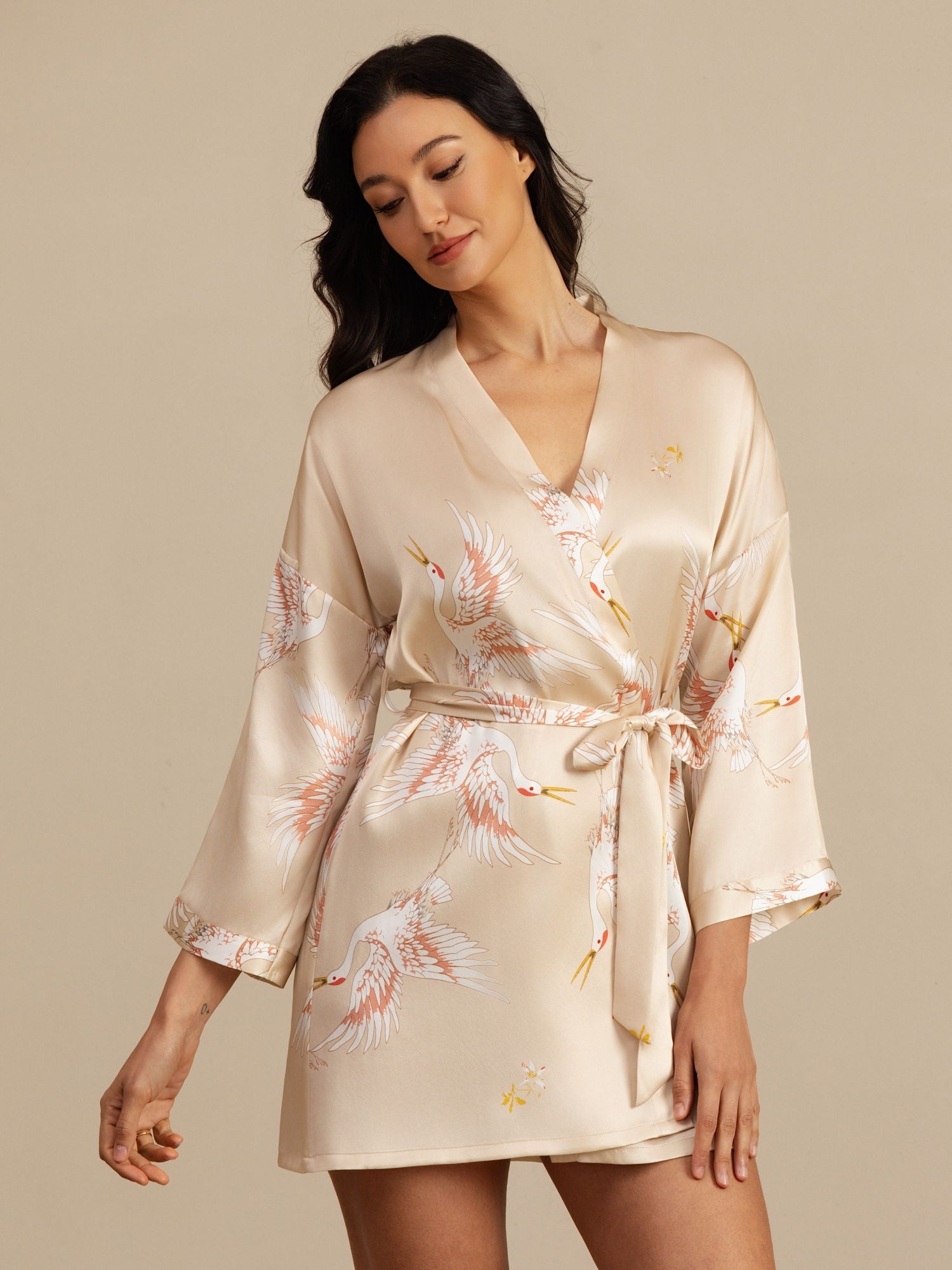 [Champagne] SilkSilky-AU 3/4 Sleeve Deep V Neck Women's Dressing Gown 005