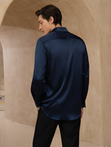 [Dark Blue] SilkSilky-AU 19Momme Stretch Silk Charmeuse Long Sleeve Lapel Collar Men's Shirt 002