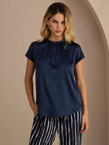 [Dark Blue] SilkSilky-AU Short Sleeve Split Women's Blouse 003