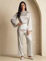[Light Gray] SilkSilky-AU Long Sleeve Boat Neck Blouse 007