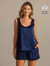 [Dark Blue] SilkSilky-AU 19Momme Machine-Washable Silk Sleeveless Scoop Neck Women's Pyjamas 001