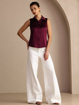 [Dark Red] SilkSilky-AU Sleeveless Lapel Collar Women's Shirt 006