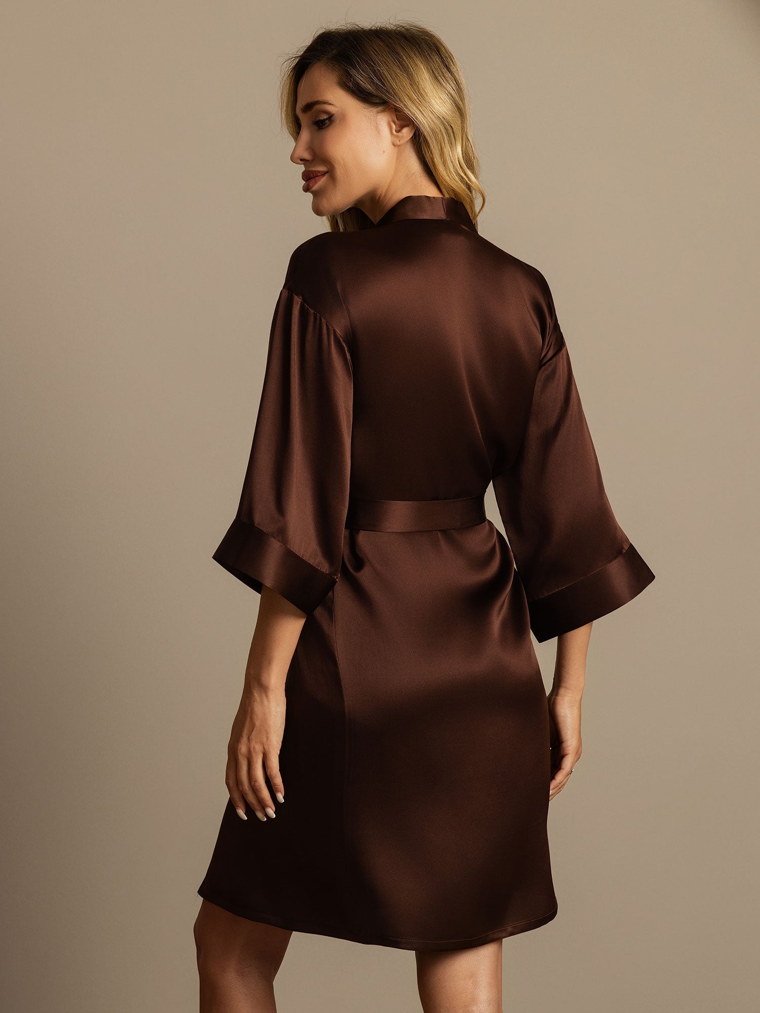 [Coffee] SilkSilky-AU Pure Silk Half Sleeve Wrap Women's Dressing Gown 002