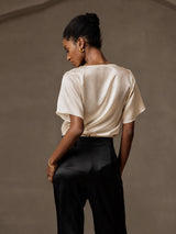 [Beige] SilkSilky-AU Short Sleeve Cowl Neck Women's Blouse 002