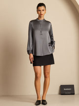 [Dark Gray] SilkSilky-AU 19Momme Stretch Silk Charmeuse Long Sleeve Stand Collar Blouse 009