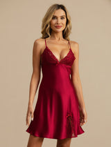 [Wine] SilkSilky-AU Sleeveless Deep V Neck Nightgown 004
