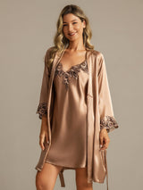 [Brown] SilkSilky-AU 3/4 Sleeve V Neck Nightgown&Dressing Gown Set 001