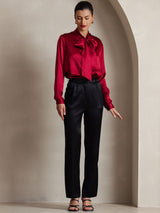 [Wine] SilkSilky-AU 19Momme Stretch Silk Charmeuse Long Sleeve Tie Neck Blouse 005