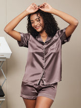 [Coffee] SilkSilky-AU Short Sleeve Lapel Collar Women's Pyjamas 002